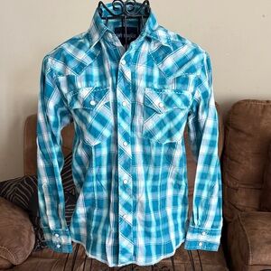 Wrangler Kid’s Turquoise Plaid Button Down Shirt